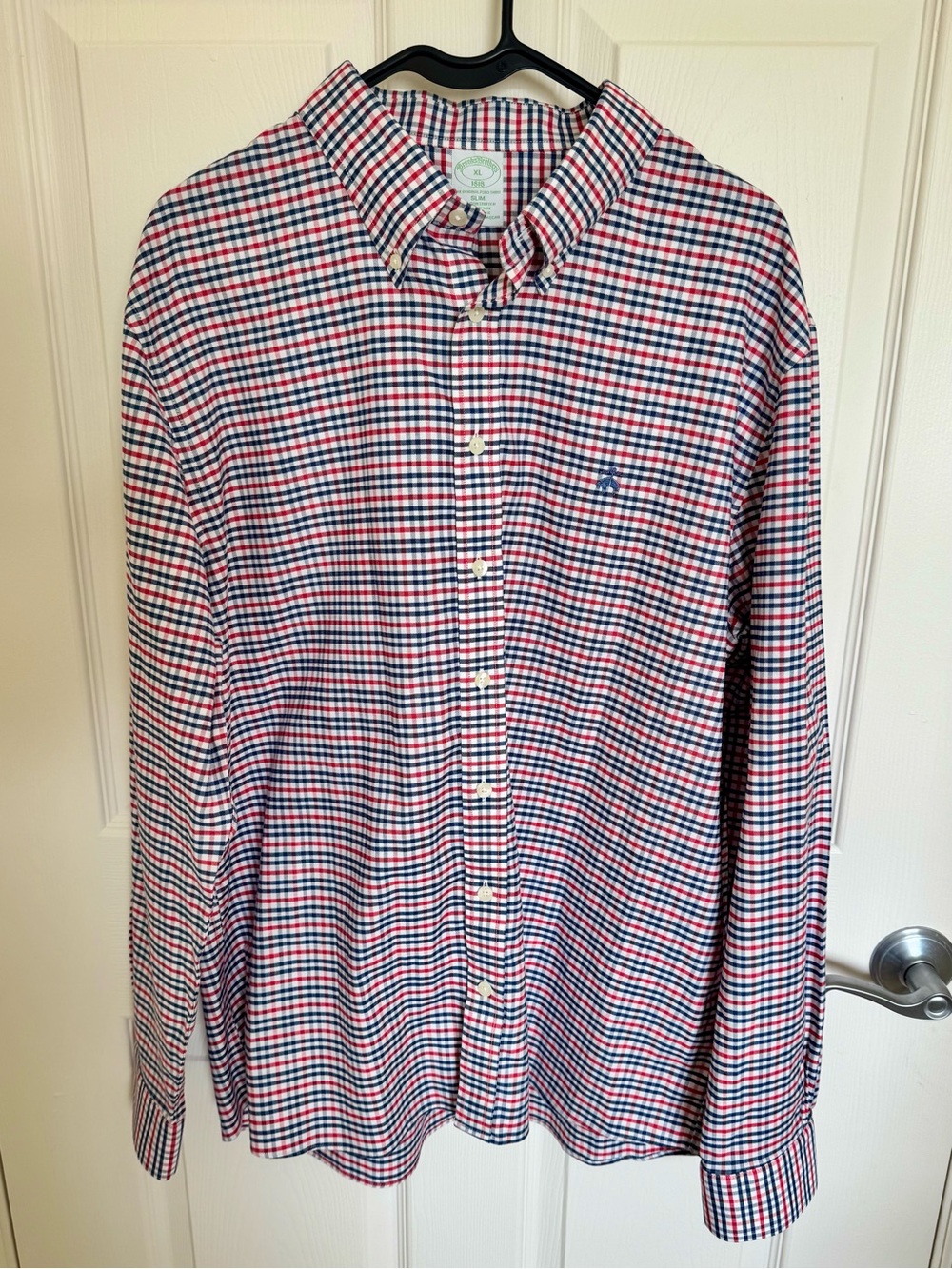 Brooks Brothers Men’s Long Sleeve Slim Fit XL Polo Shirt Red Blue Gingham Stripe